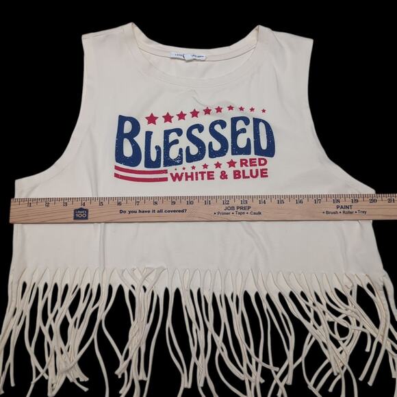 Love Peace & Lazy Days Fringe Crop Top Jr Size XL Cream Blessed Red White Blue - Picture 8 of 13